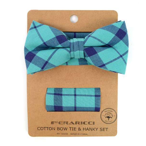 Turquoise Plaid Bow Tie & Pocket Square