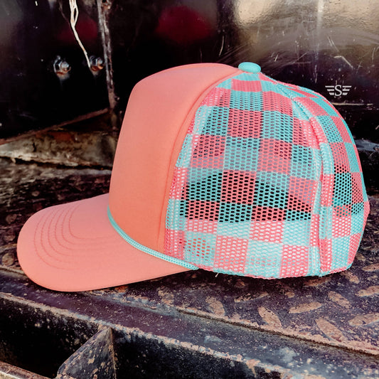 Checkered Trucker Hat [Coral/ Mint]