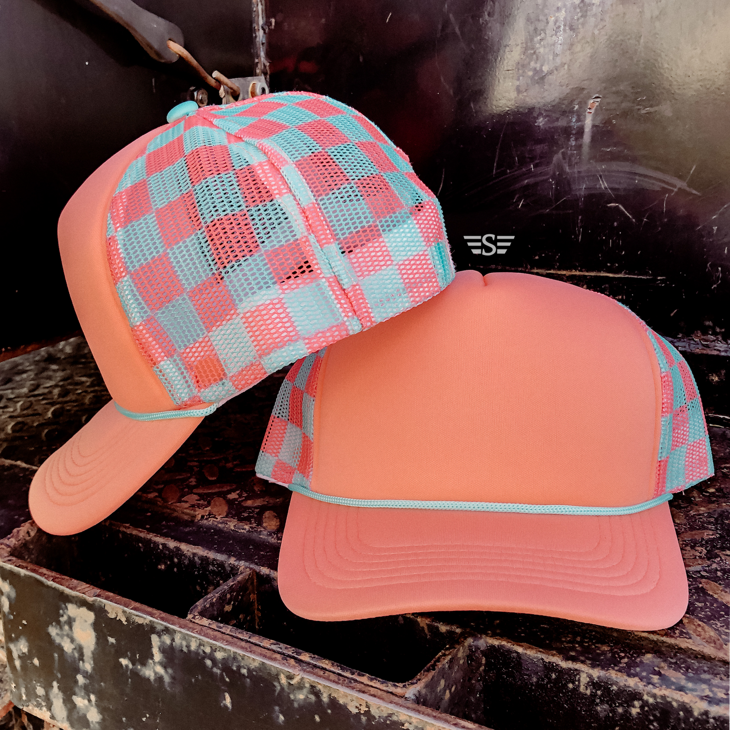 Checkered Trucker Hat [Coral/ Mint]